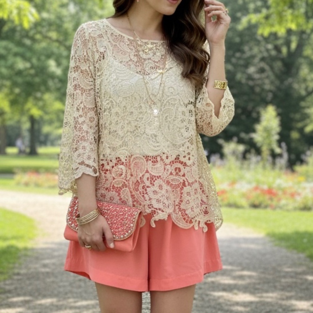 A372 Ark & Co Cream Cottagecore Lace Blouse Boho Chic Gently Used L - Picture 2 of 6